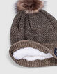 Bonnet kaki tricot fourré avec pompons bébé garçon -5