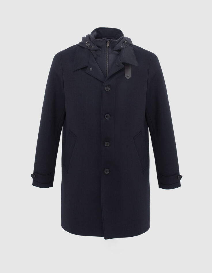 Men’s navy trench coat with detachable hood facing-6