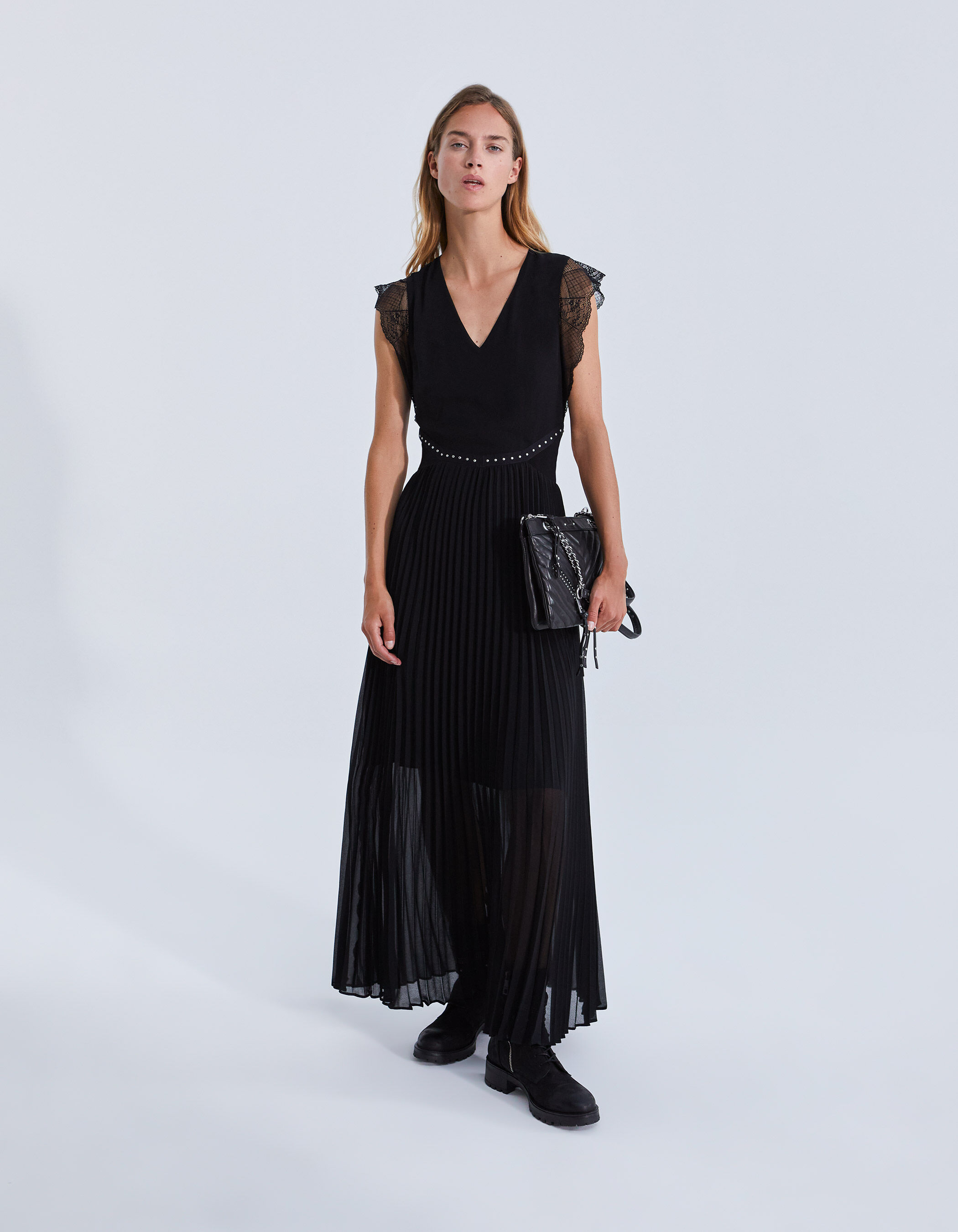 Women's black recycled pleated long dress