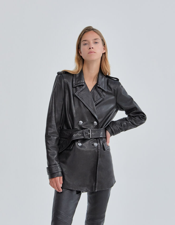 Pure Edition – Lange, schwarze Damenlederjacke mit Gürtel-1