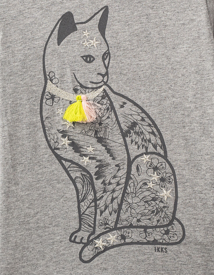 Tee-shirt gris chiné foncé visuel chat fille-3