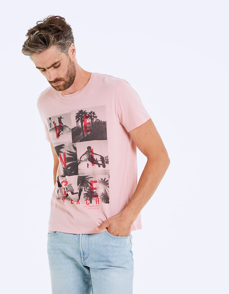 Men’s light pink T-shirt with Venice Beach photos-3