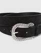 Women's black suede belt with engraved python buckle-3