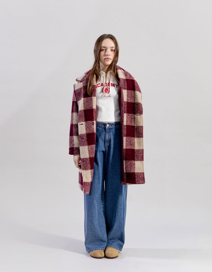 Girl's burgundy wool plaid coat-2