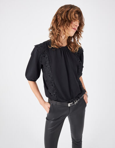 Women’s black cotton T-shirt with lace ruffles - IKKS