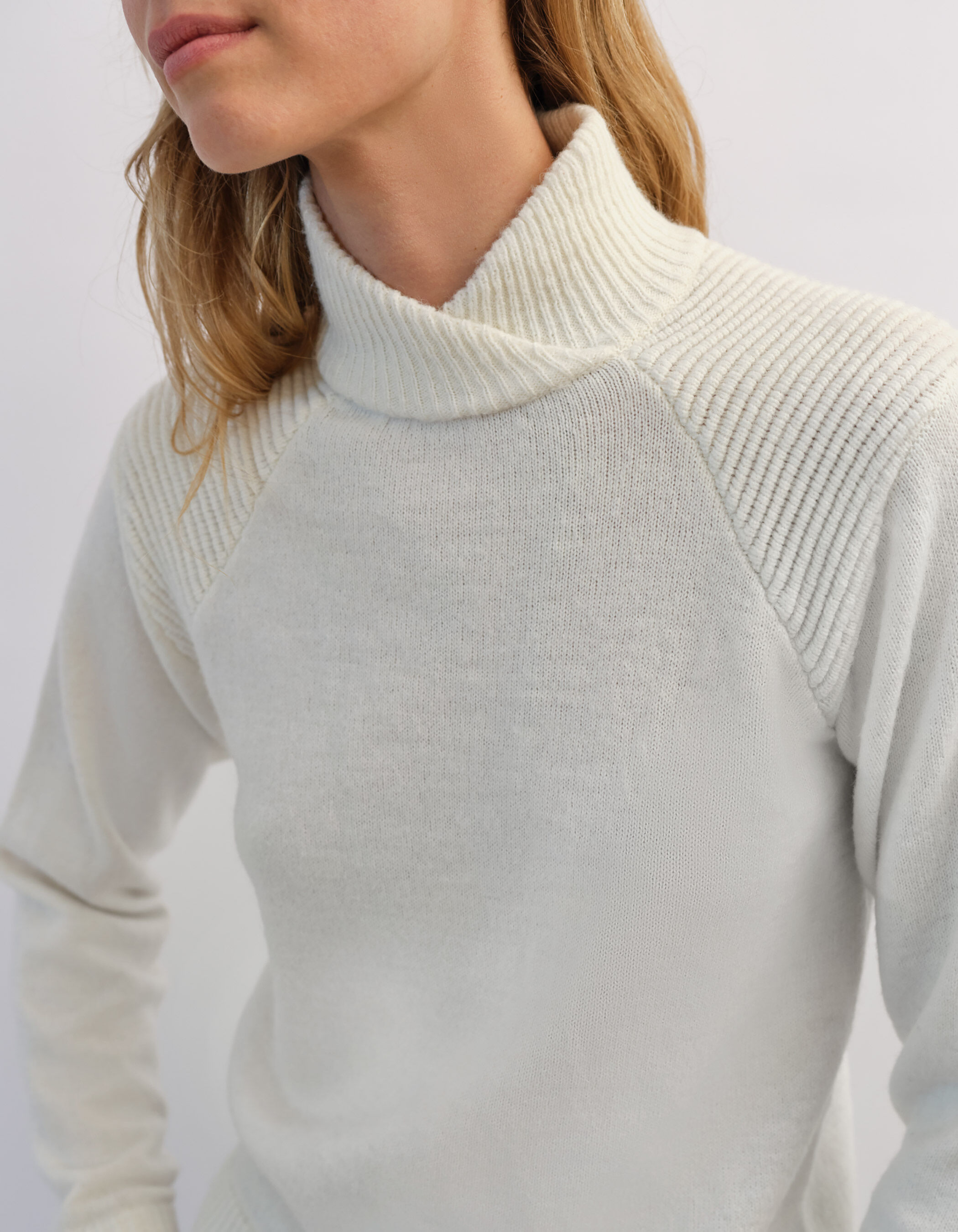Women's off-white fluffy knit wrap high-neck sweater