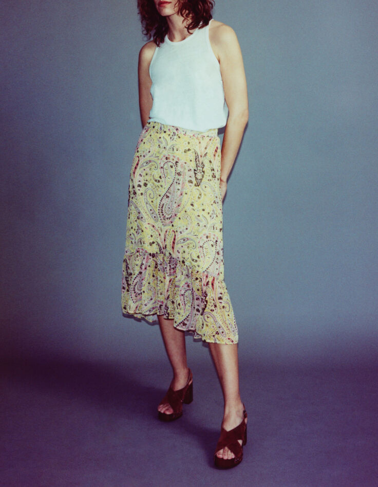 Women’s yellow paisley summer asymmetric midi skirt-6