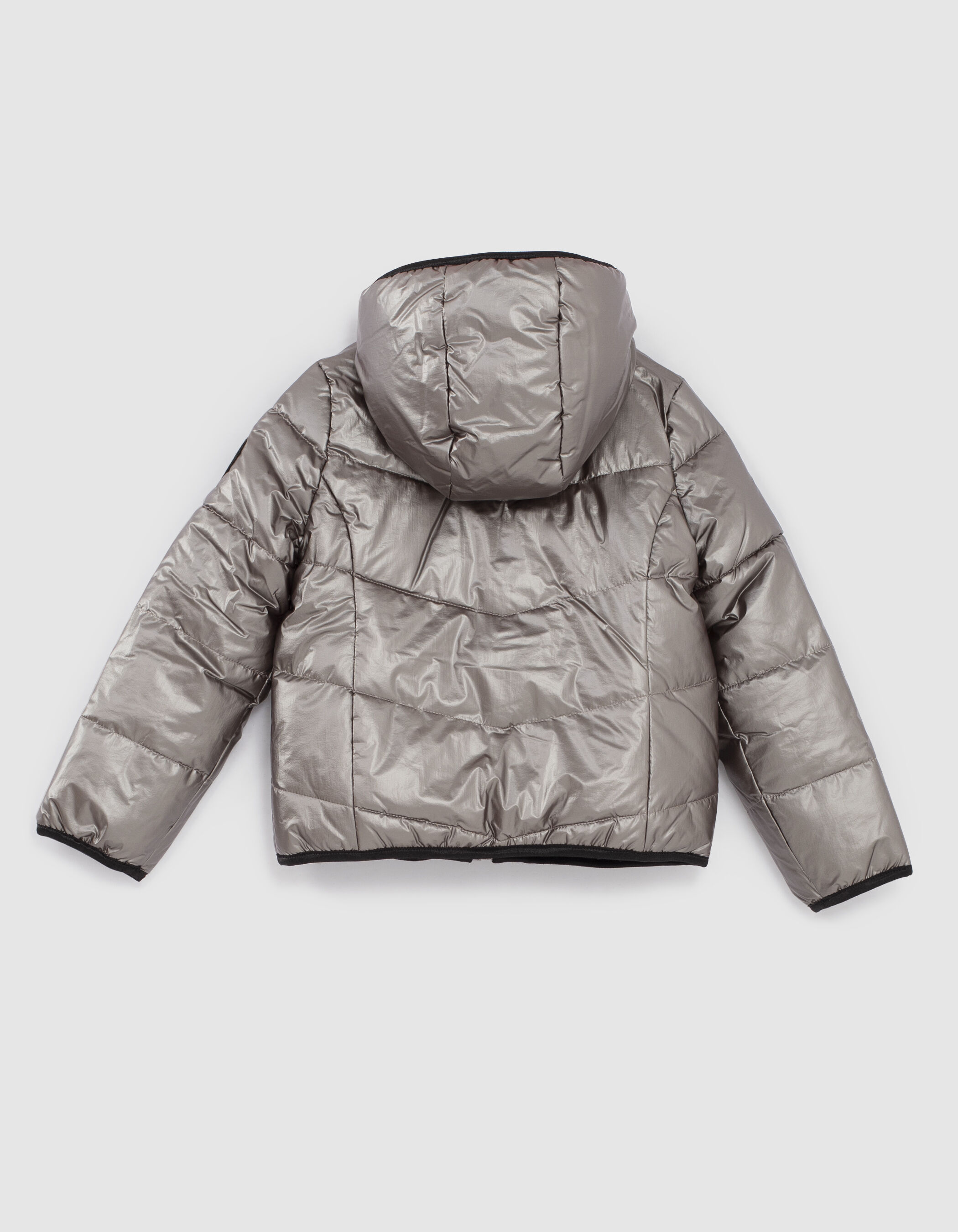 Girls' black rock print/silver reversible padded jacket