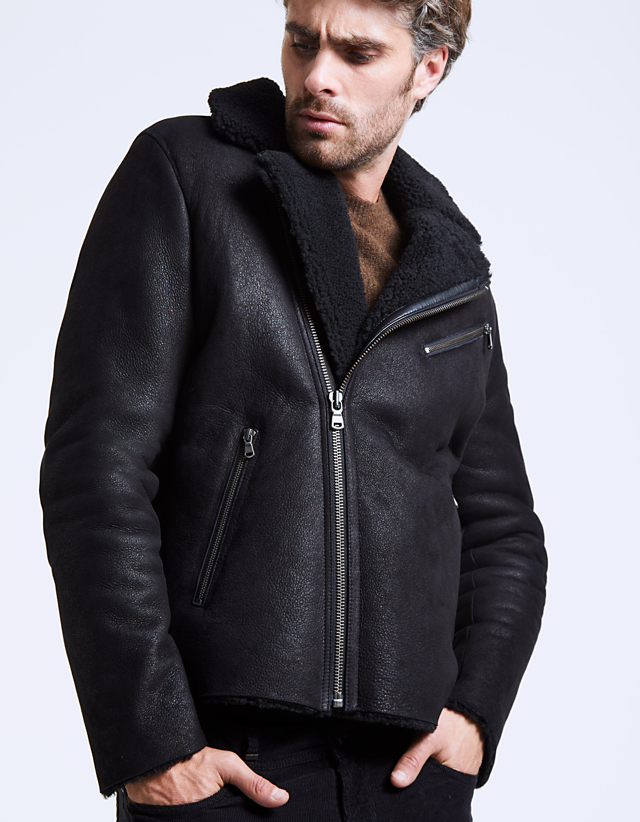 Men's Aviator Shearling Bomber Black Genuine Sheepskin Leather Jacket | eBay