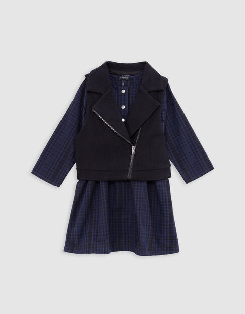 Girl's 2-in-1 navy plaid dress and biker vest - IKKS