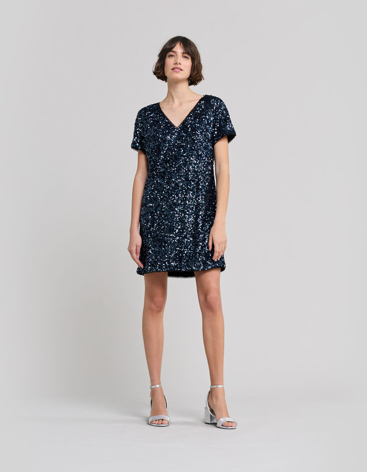 Robe bleue brodée sequins réversible Femme-2