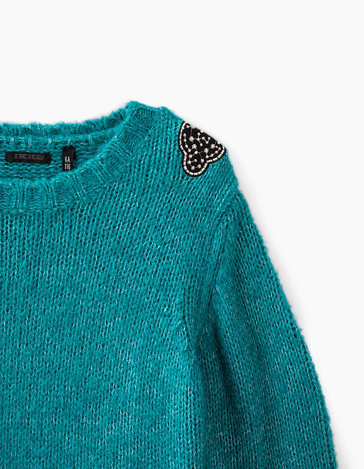 Girls’ teal blue embroidered shoulder patch knit sweater-3