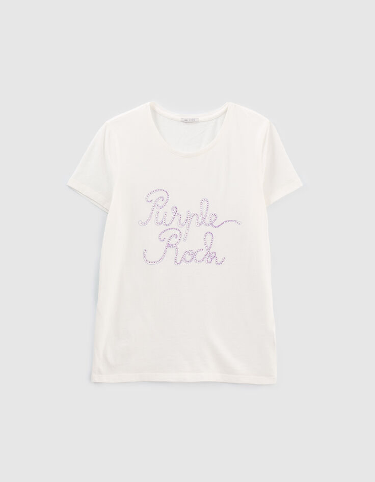Tee-shirt blanc message et détails clous lilas Femme-1