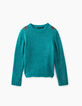 Girls’ teal blue embroidered shoulder patch knit sweater-1