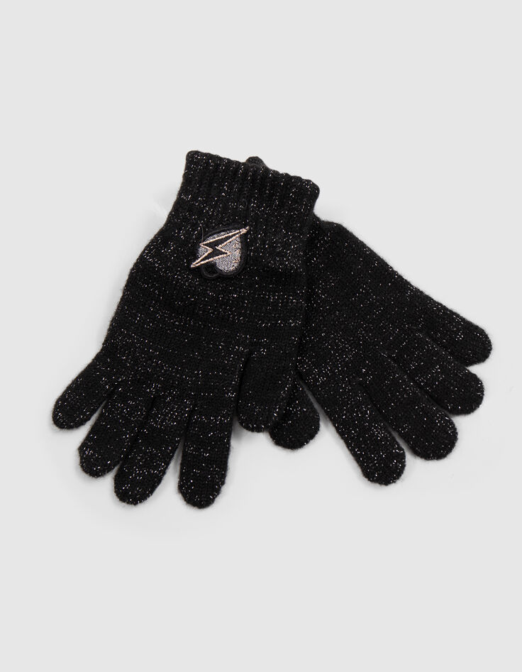 Girl's black glitter knit gloves-2