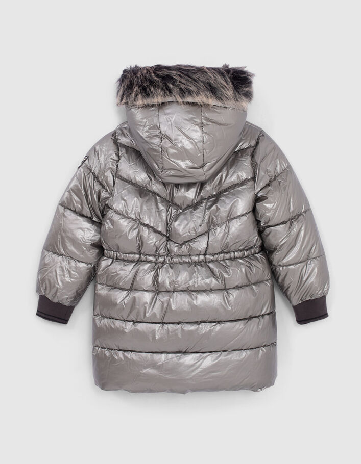 Girls’ dark silver fur-lined hooded long padded jacket