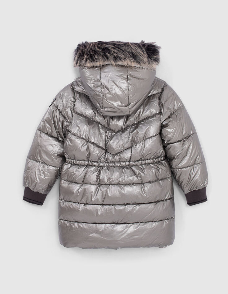 Girls’ dark silver fur-lined hooded long padded jacket-3