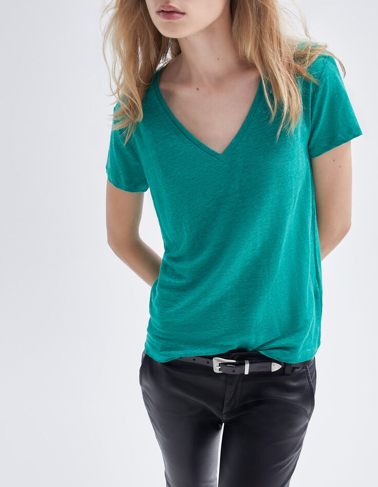 Mintgrünes Damen-T-Shirt aus Leinen mit Stickerei-2