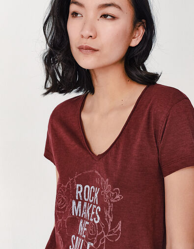 Women’s pomegranate cotton slub T-shirt, glittery slogan - IKKS