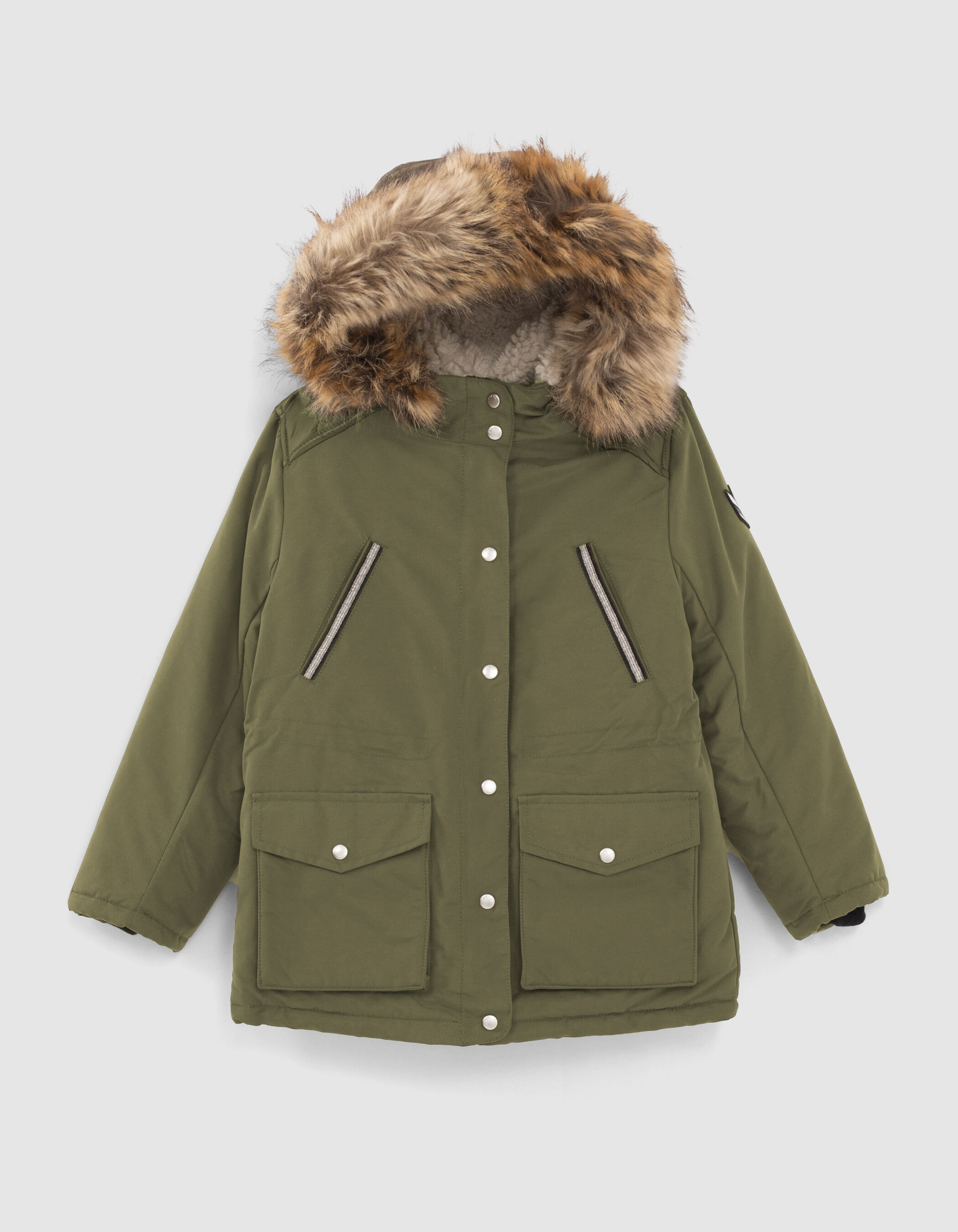 Girls’ khaki 3-in-1 parka, silver reversible bomber jacket