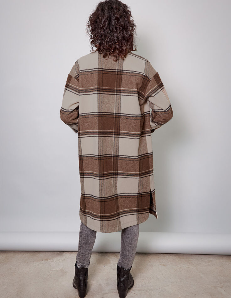 Women’s beige and black check overshirt-style long coat-3