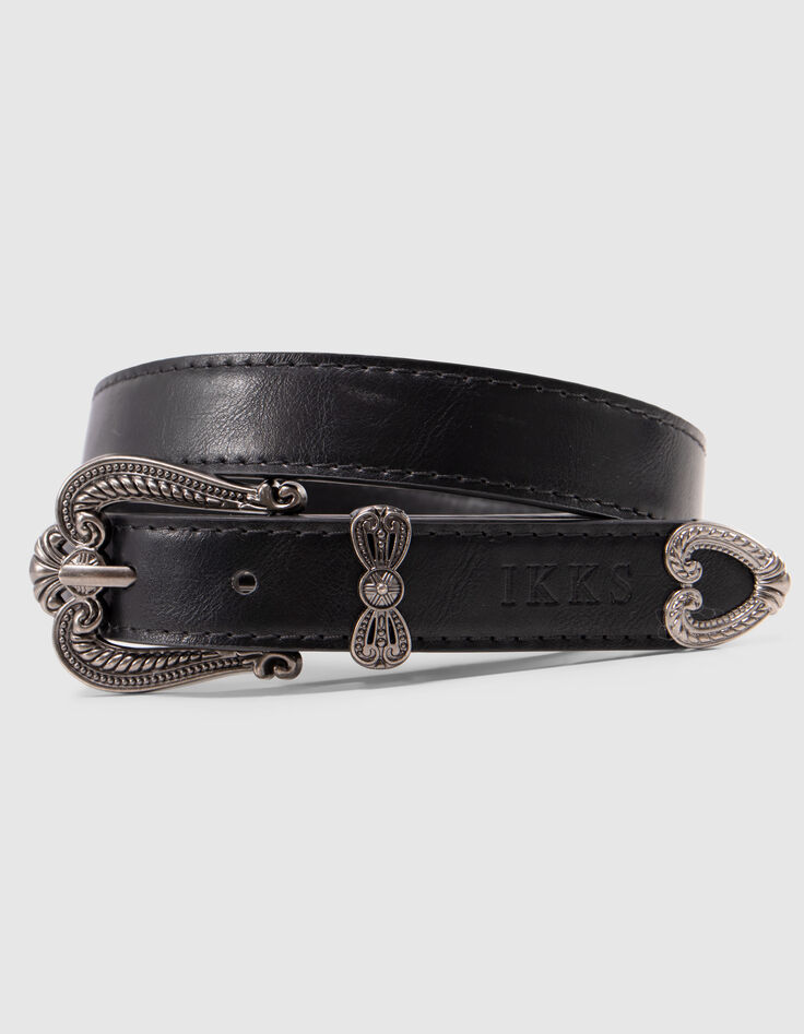 Ceinture noire boucle fantaisie métal gravé fille-2