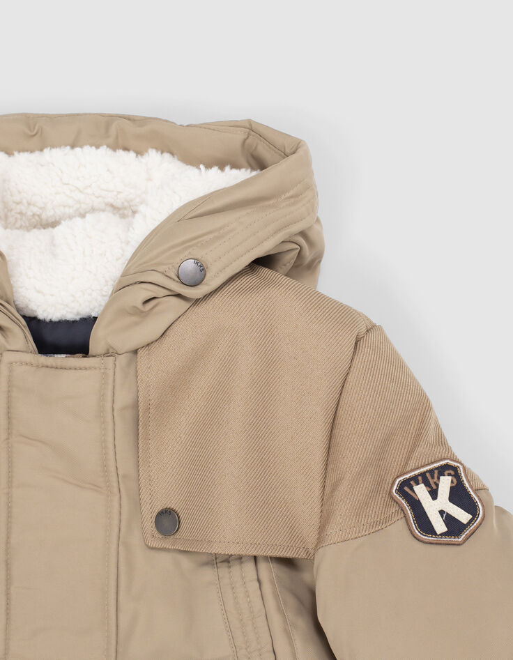 Boys' beige mixed fabric hooded fur-lined parka-2