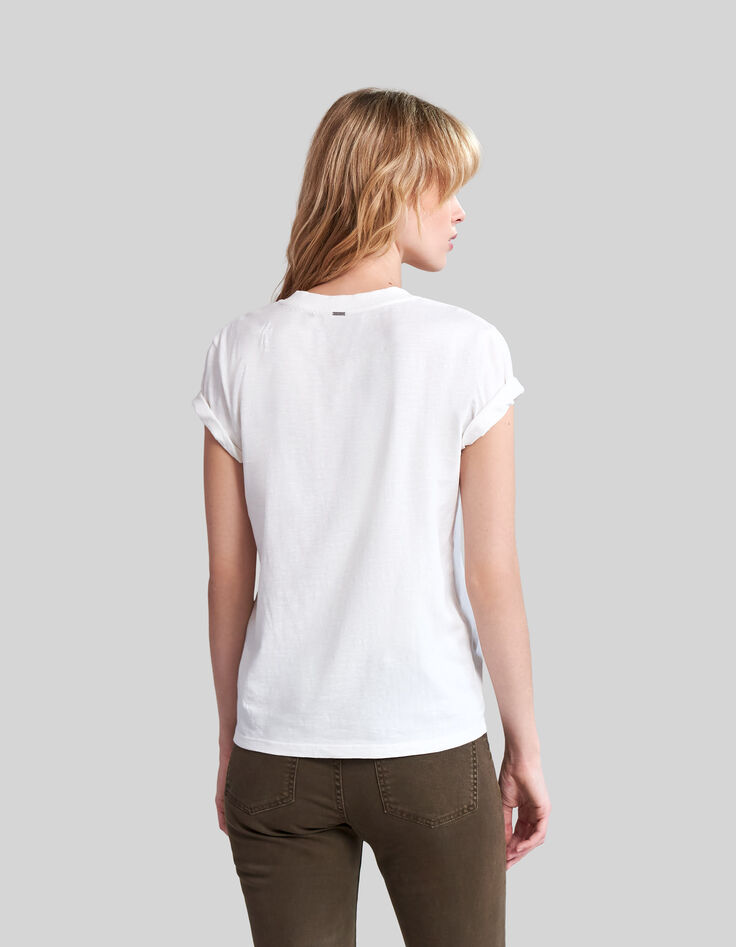Tee-shirt blanc cassé en coton éclair brodé manche femme-3