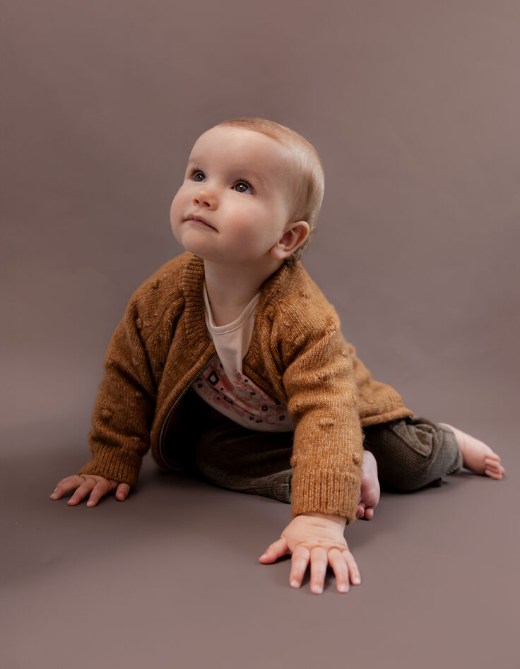 Cardigan zippé camel tricot fantaisie bébé fille-5