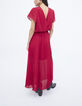 Robe longue rouge cache-cœur entièrement plissée femme-3