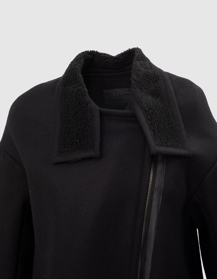 Manteau en mix laine noir col destrutcuré faux cuir femme-2