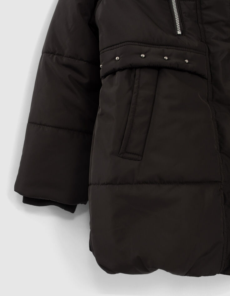Girls’ black fur-lined hooded long padded jacket-4