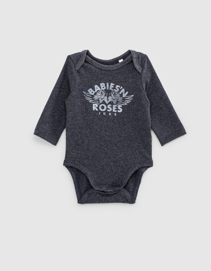 Grau melierter Babybody aus Biobaumwolle mit Rosenmotiv-1