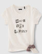 Ecru T-shirt biokatoen met tekst met scrunchie meisjes-6