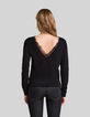 Jersey negro punto tricot cuello pico encaje mujer-6