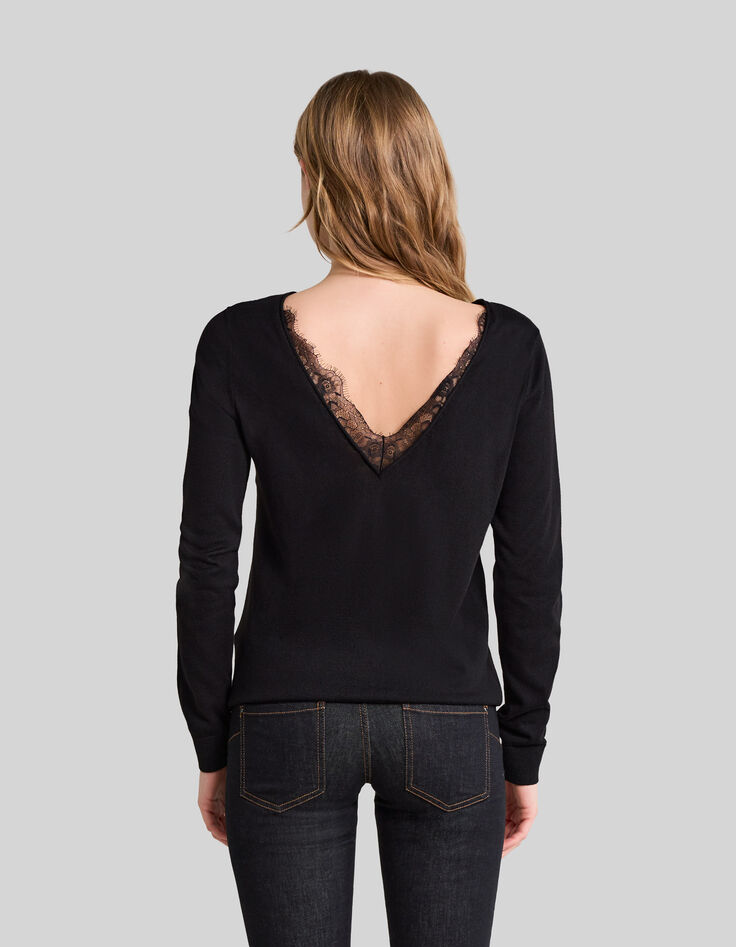 Jersey negro punto tricot cuello pico encaje mujer-6
