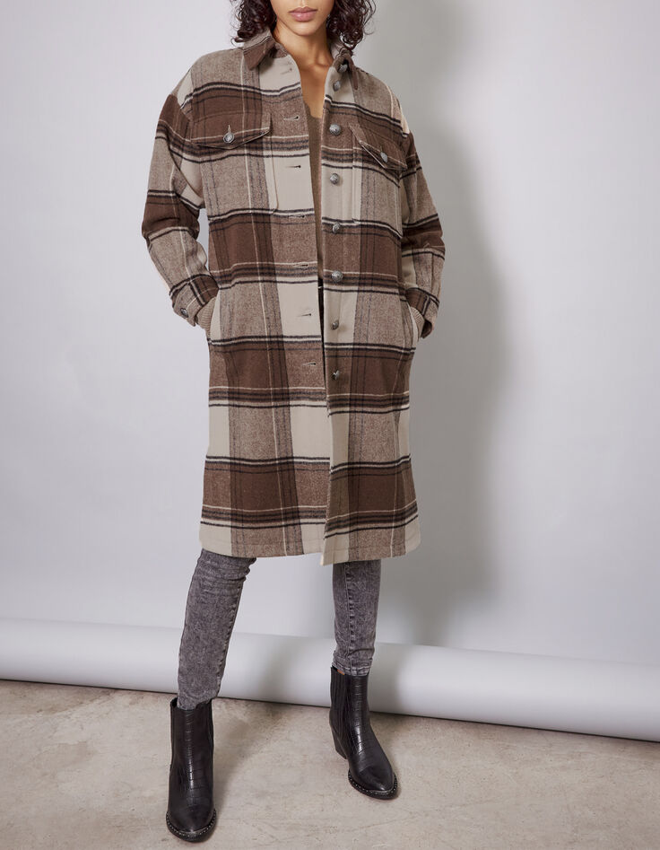 Women’s beige and black check overshirt-style long coat-2