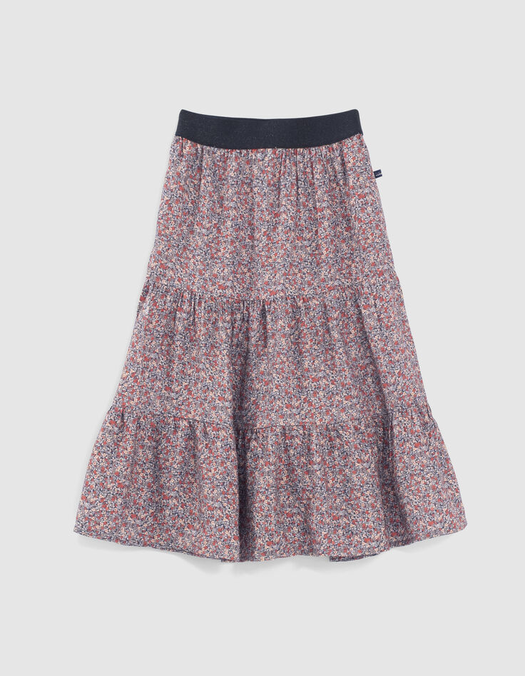 Girls' navy micro-flower print long skirt-1