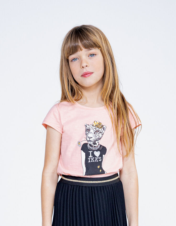 Girls' peach organic cotton rock-leopard T-shirt-1