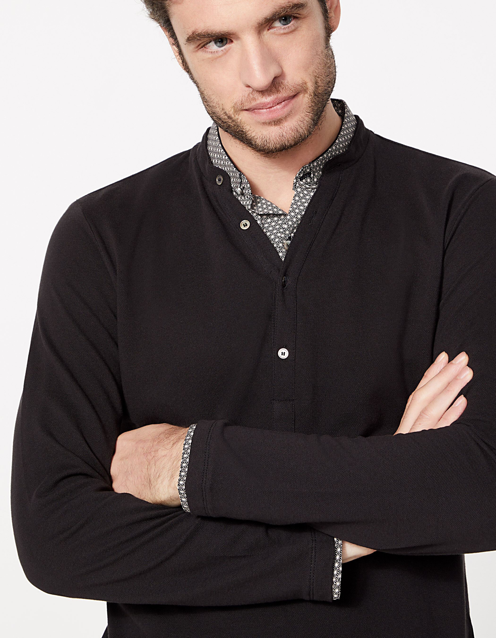 Men's black polo shirt with shirt collar trompe-l'œil Mashrabiya