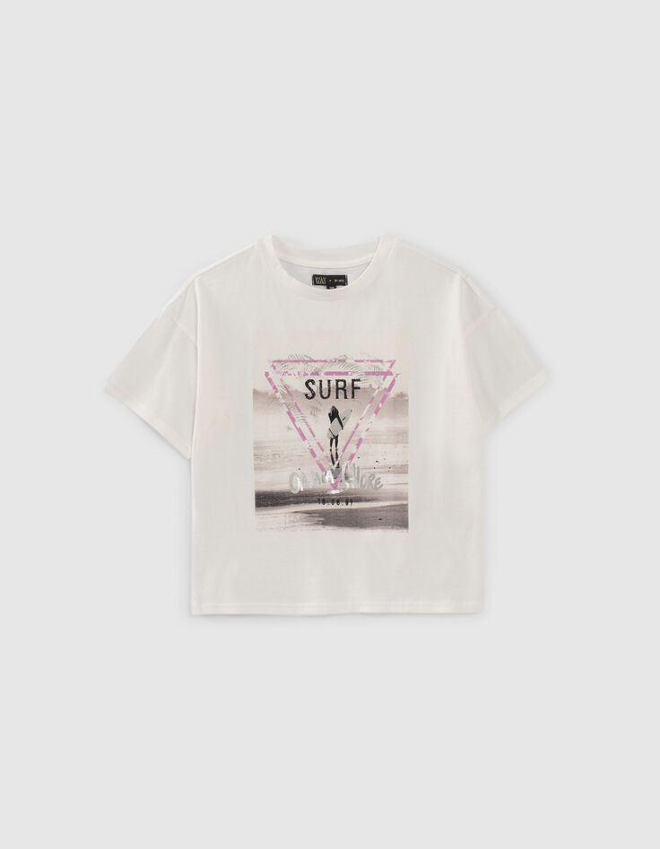 Girls’ white organic cotton T-shirt with surfer girl image-1
