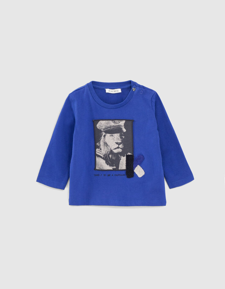 T-shirt bleu électrique visuel lion bébé garçon-1