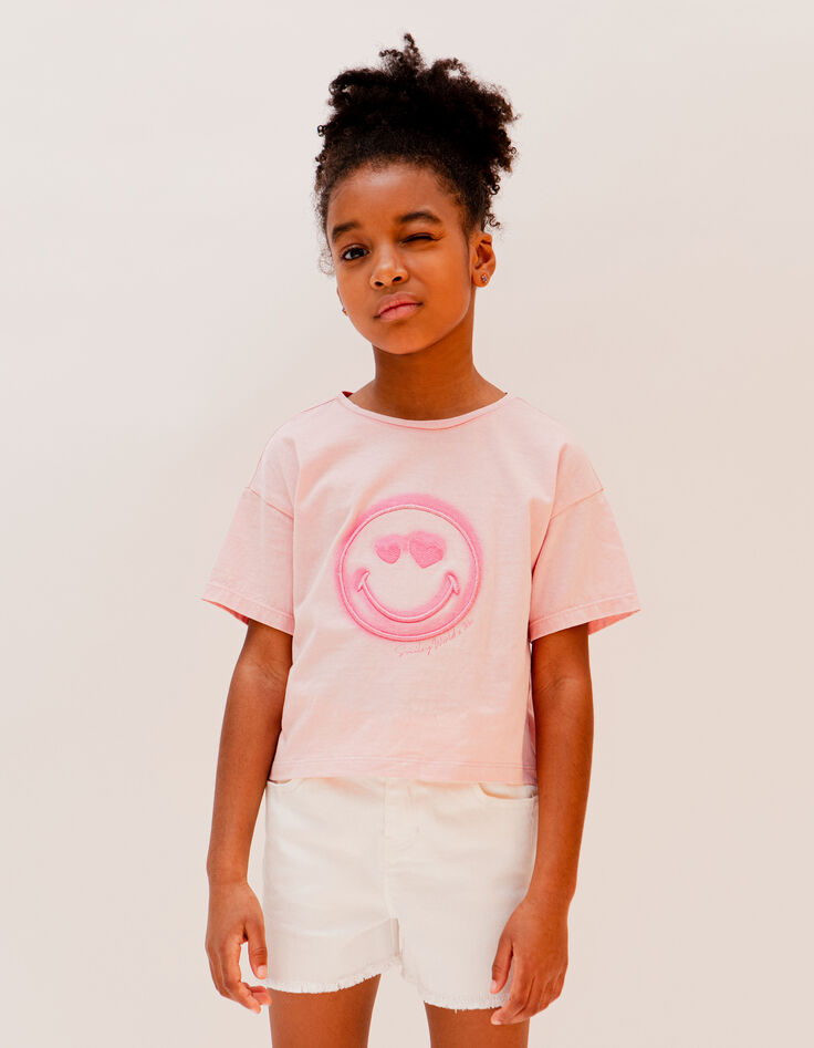 Girls’ pink T-shirt with SMILEYWORLD embroidery-1