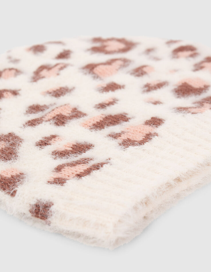 Girls’ ecru leopard-heart motif knit beanie-4
