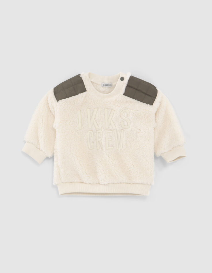 Beige sweater Sherpa met kaki nylon schouders babyjongens-1
