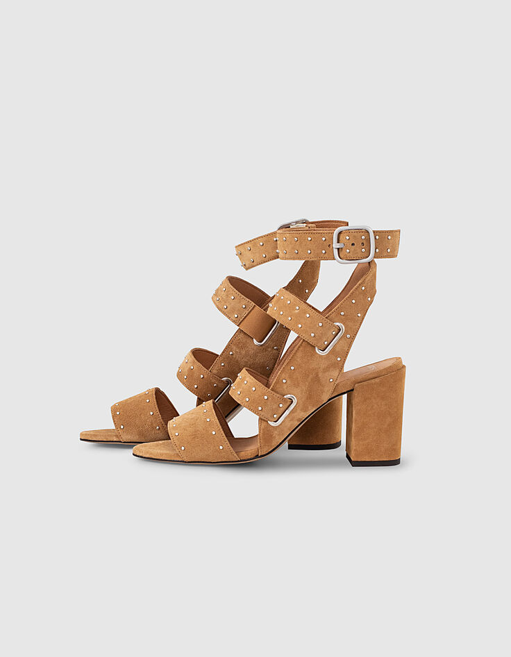 Sandalen met hak camel suèdeleer riempjes en studs dames-1