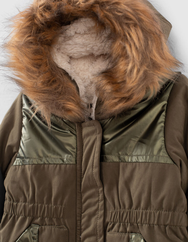 Baby girls’ dark khaki fur-lined mixed-fabric parka-2