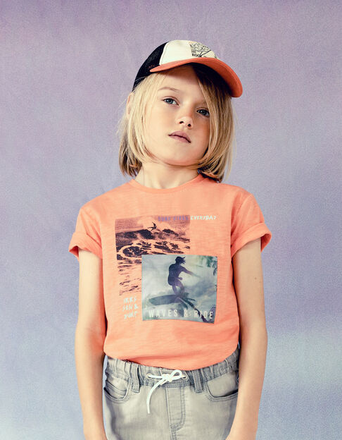 Boys’ neon orange organic cotton T-shirt, lenticular image - IKKS