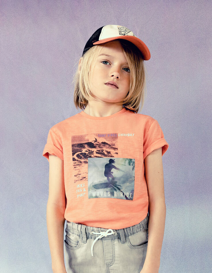 Boys’ neon orange organic cotton T-shirt, lenticular image-1