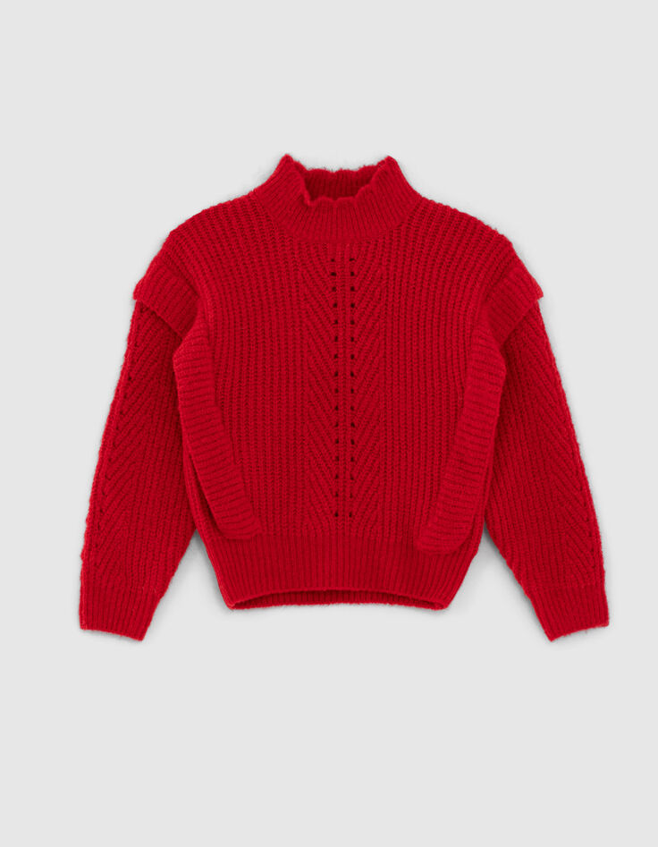 Pull rouge clair tricot avec volants fille-1